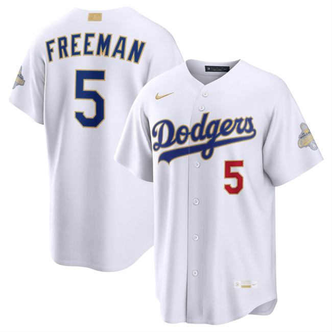Men's White Los Angeles Dodgers #5 Freddie Freeman 2026 Gold Collection Stadium Stitched Baseball Jersey